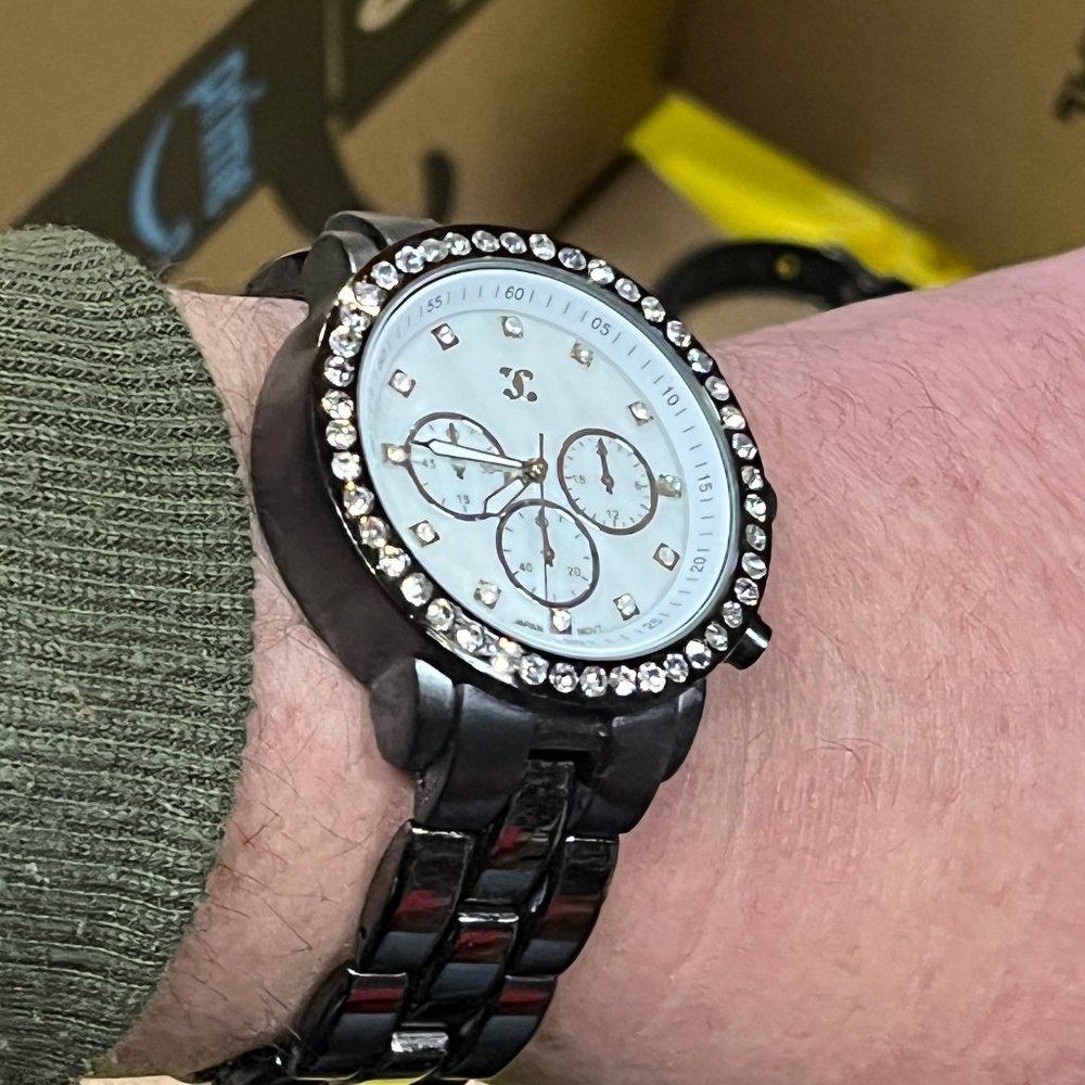 3/$25 Charming Charlie cc Stainless Steel Grey Bling Watch crystals NEW BATTERY
